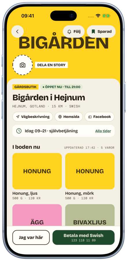 En gårdsbutik i Landet-appen med varor och priser och knappen Betala med Swish.