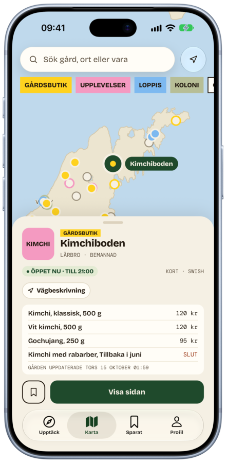 Kartan i Landet-appen med Kimchiboden i Lärbro öppnad: öppet nu till 21:00, kimchi och gochujang med priser.
