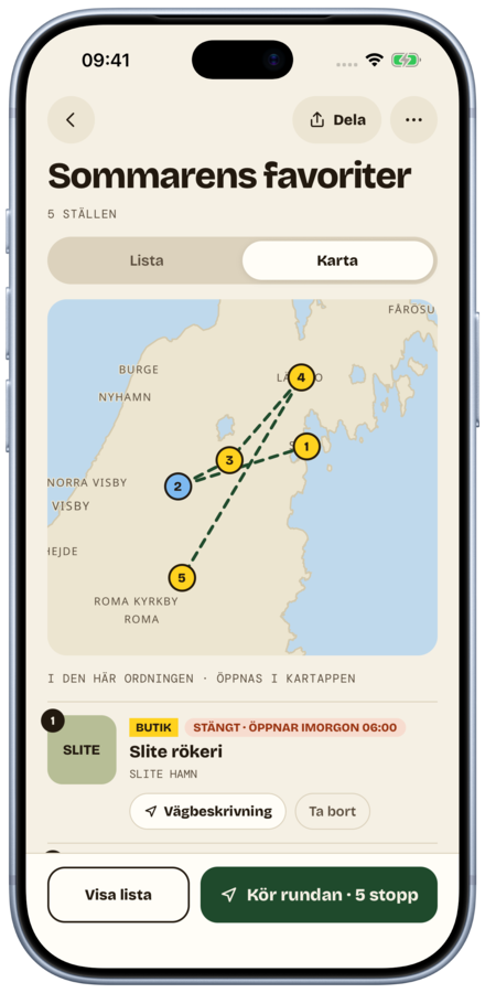 En sparad mapp i Landet-appen med ställena som numrerade nålar på kartan över Gotland och knappen Kör rundan.