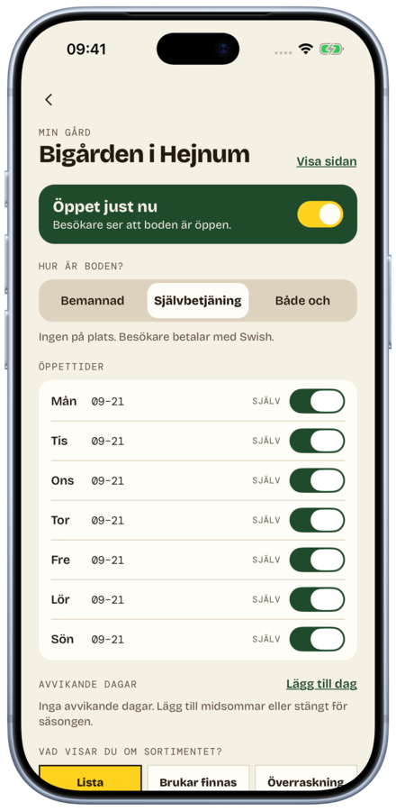 Min gård i Landet-appen: brytaren Öppet just nu och gårdens öppettider för veckan.