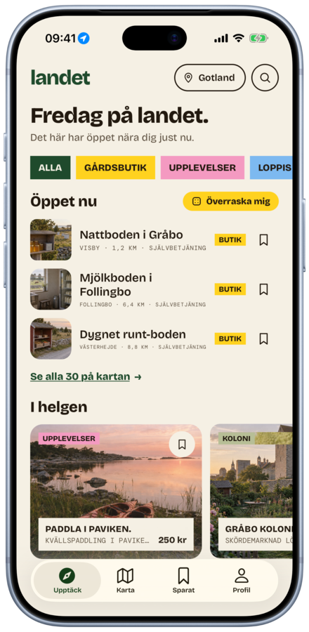 Upptäck i Landet-appen: Fredag på landet, med bodar som har öppet nu och upplevelser i helgen.