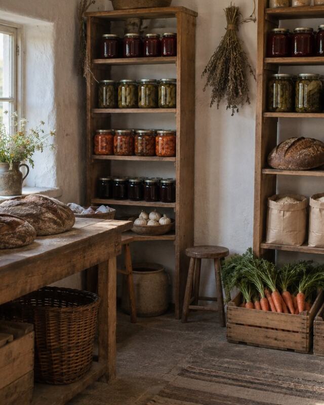 En gårdsbutik med hyllor fulla av burkar, bröd och grönsaker i lådor.
