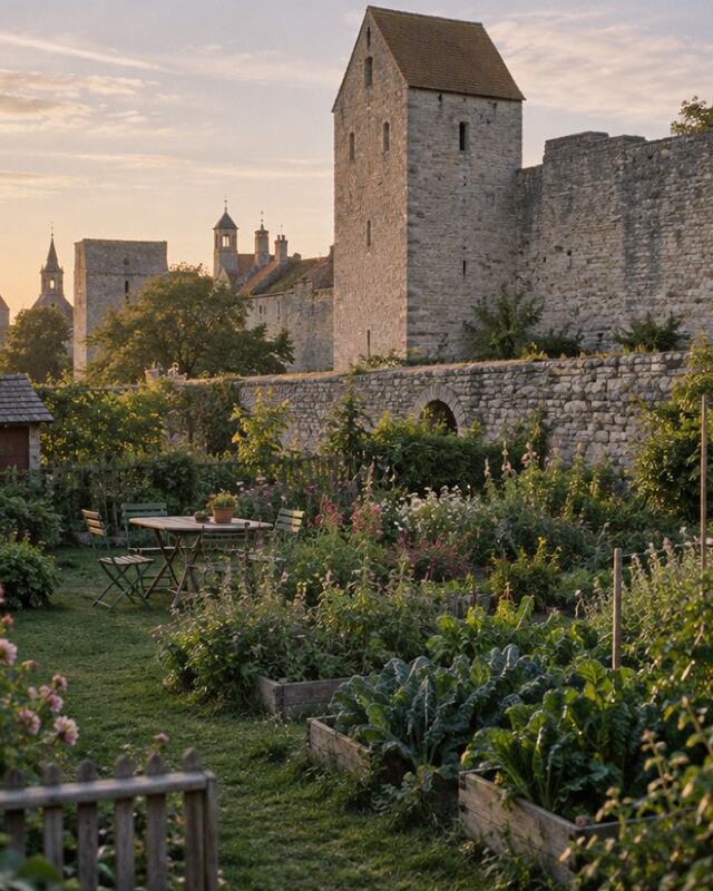 Kolonilotter med rosor och grönsaksland nedanför ringmuren i Visby.