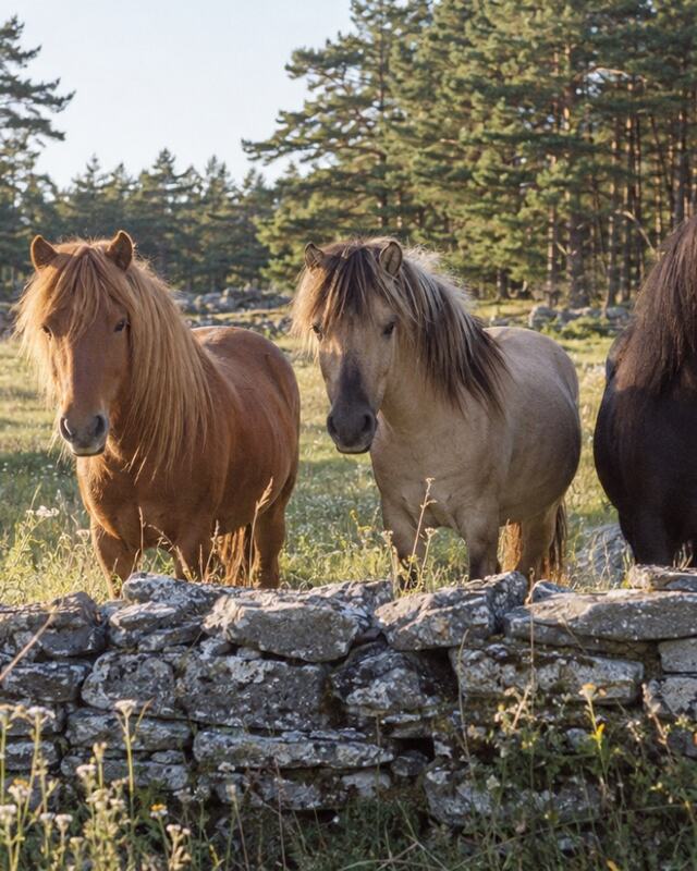 Tre islandshästar i en hage bakom en stenmur.